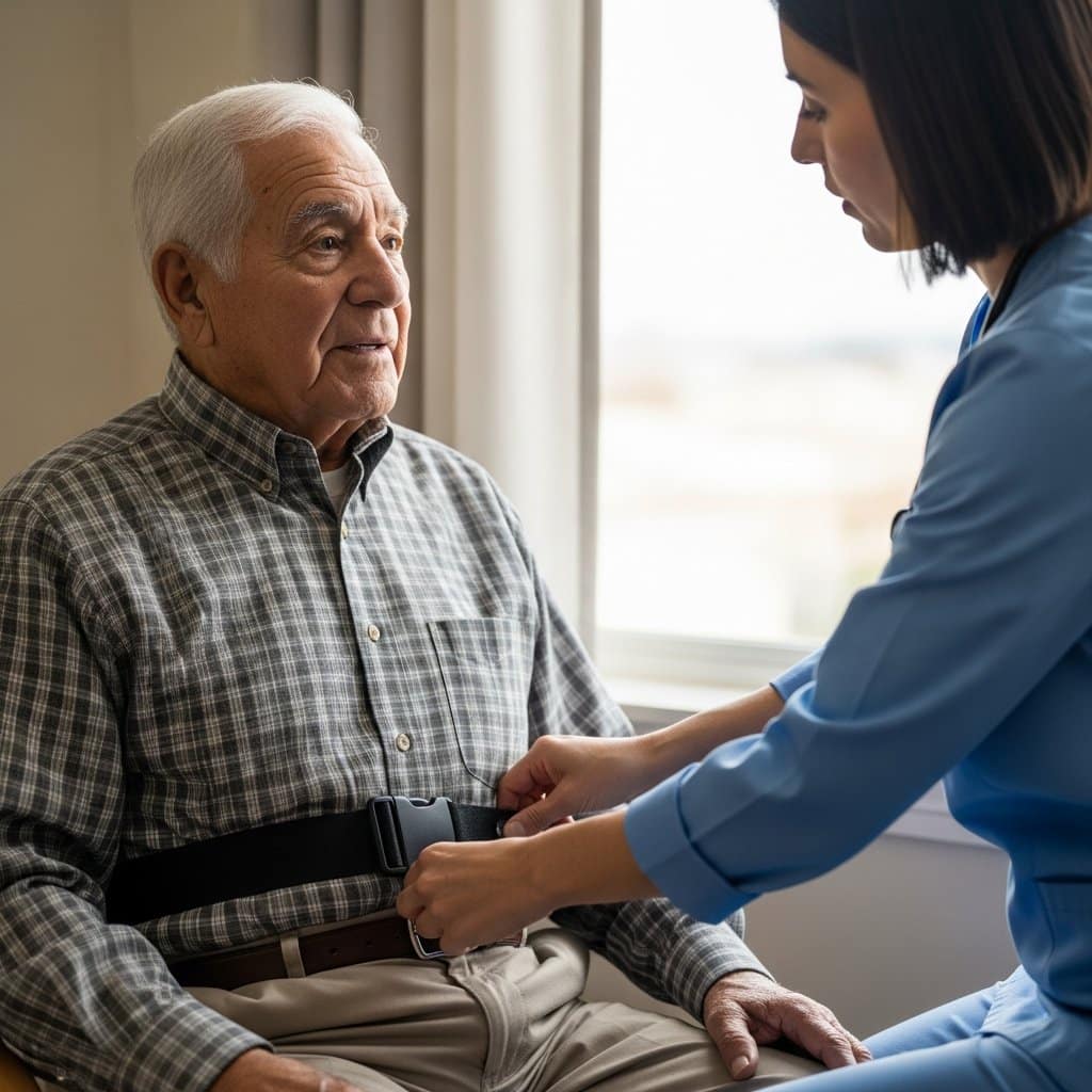 Older man sitting in a chair near a window while a therapist demonstrates gait belt placement around his waist, attentive and engaged expression, waist-up centered view