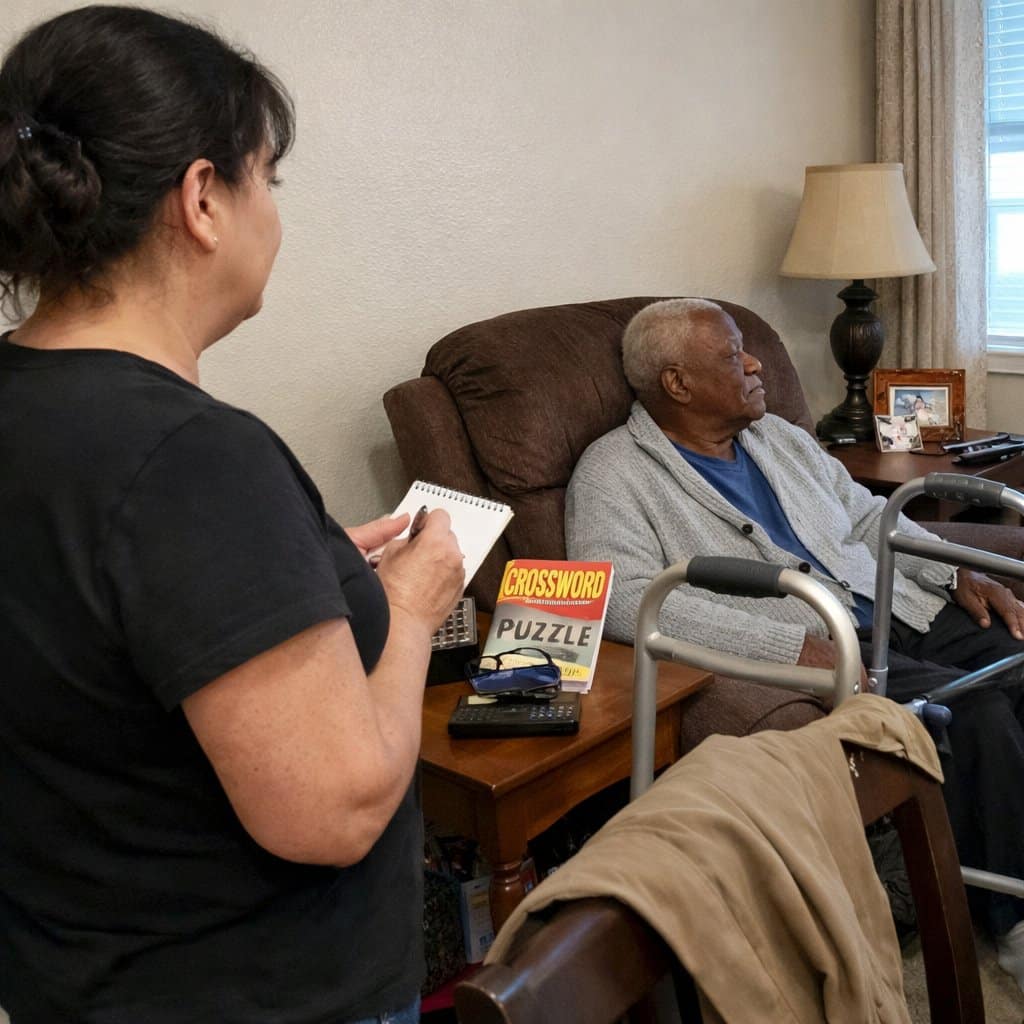A middle-aged woman stands with a notepad looking at a recliner where an older man with a walker beside him is seated, looking toward the window, in a lived-in living room