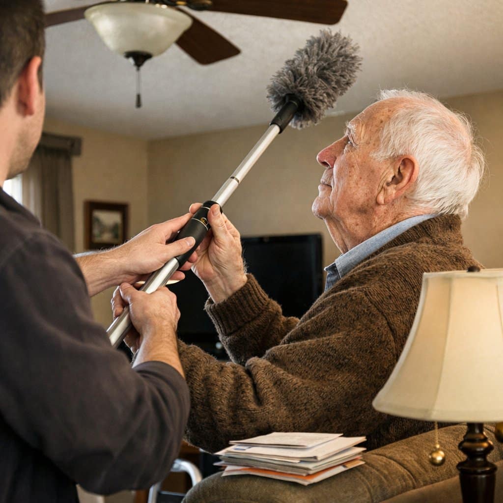 An older man in a cardigan holding a long-handled duster aimed at a ceiling fan while another person helps guide the handle, with a walker parked nearby