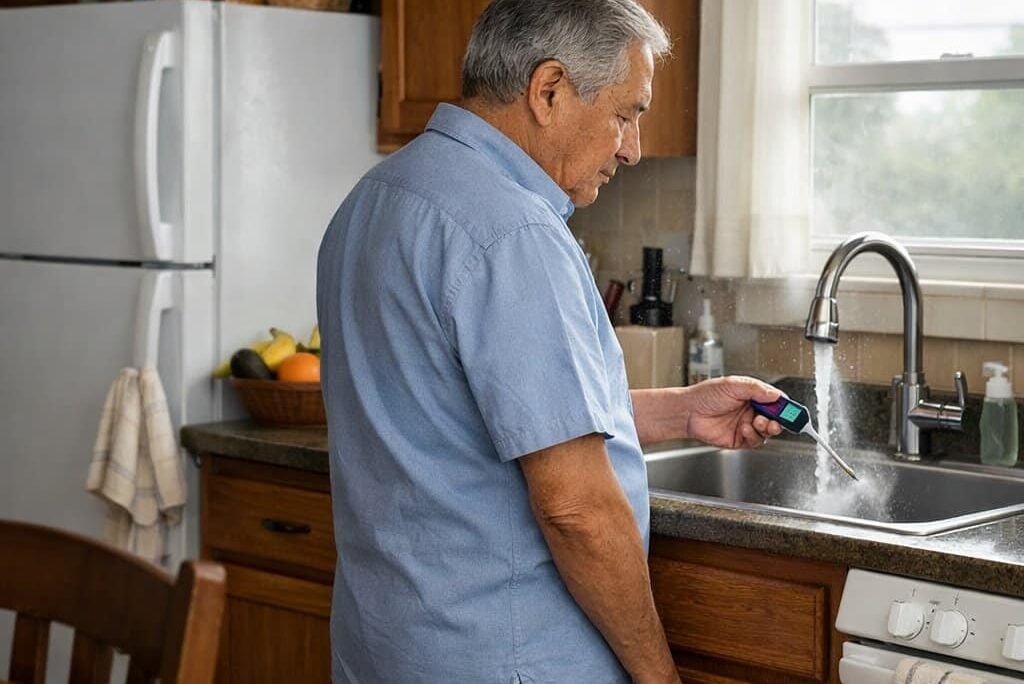 An older man holds a thermometer probe in a running kitchen faucet stream, reading the temperature display, photographed from across the kitchen