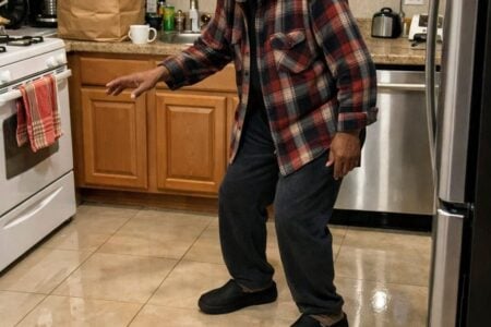 An older man pauses mid-step on a shiny kitchen floor, hand reaching toward the counter for support