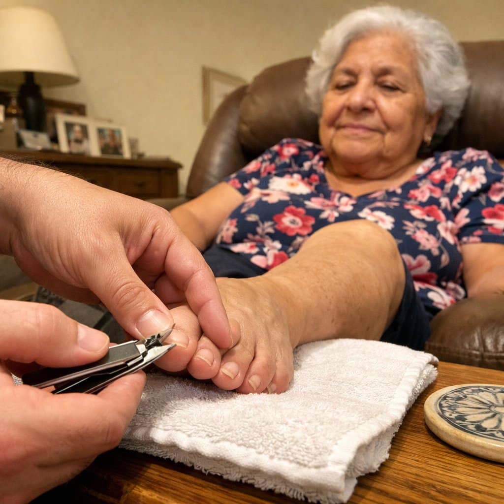 Close view of a caregiver's hands making a careful small clip to an elderly woman's toenail while steadying the toe with the other hand