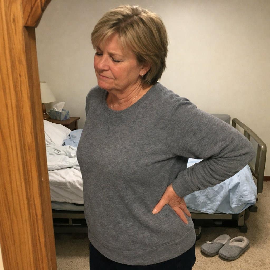 A middle-aged woman caregiver standing in a bedroom with both hands pressed to her lower back, expression showing discomfort, a hospital bed visible behind her