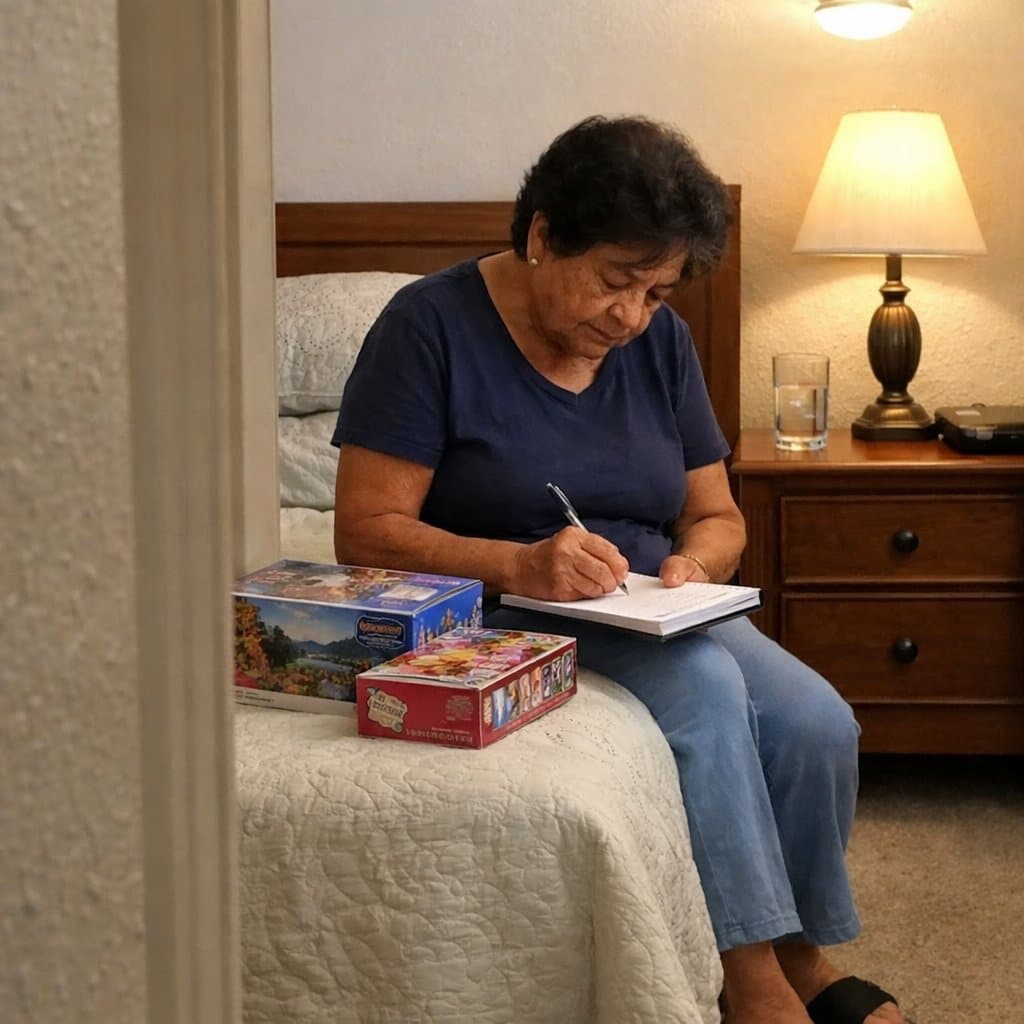 An older woman sits on the edge of a bed writing in a notepad with two puzzle boxes beside her