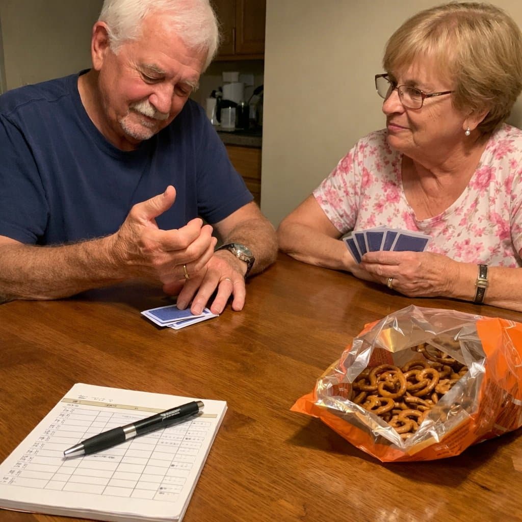 Two older adults sit across a kitchen table mid-card game, one setting cards down and shaking out his hand while the other watches