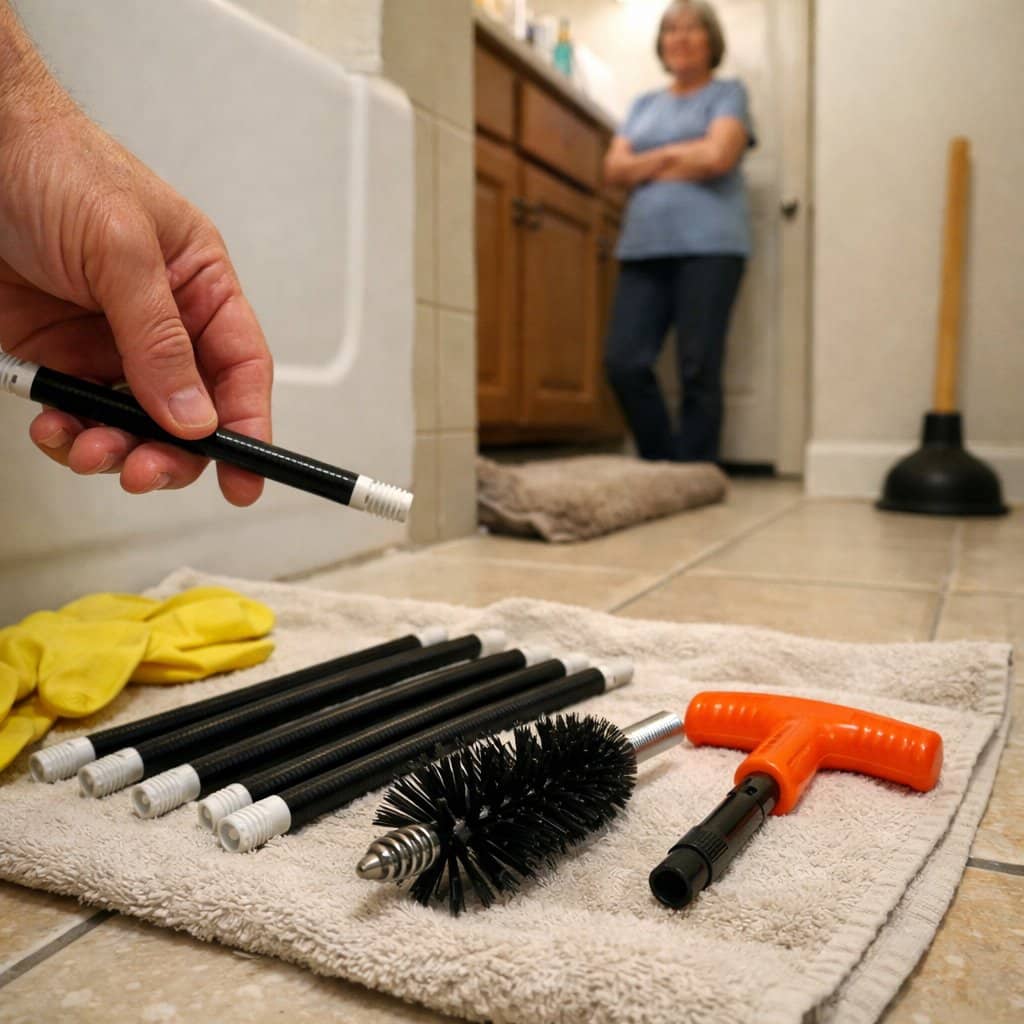 A drain snake tool set laid out on a bathroom floor towel with a man's hand reaching for a rod section and an older woman visible in the background near the vanity