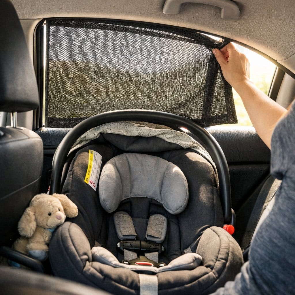 A driver's arm reaching back to adjust a sun shade above a rear-facing infant car seat with a stuffed animal nearby