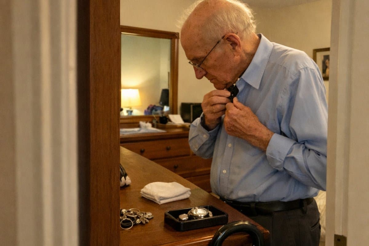 An elderly man stands at his bedroom dresser using a button hook to fasten a shirt button near his collar, one hand resting on the dresser for steadiness, with a cane hooked over the drawer