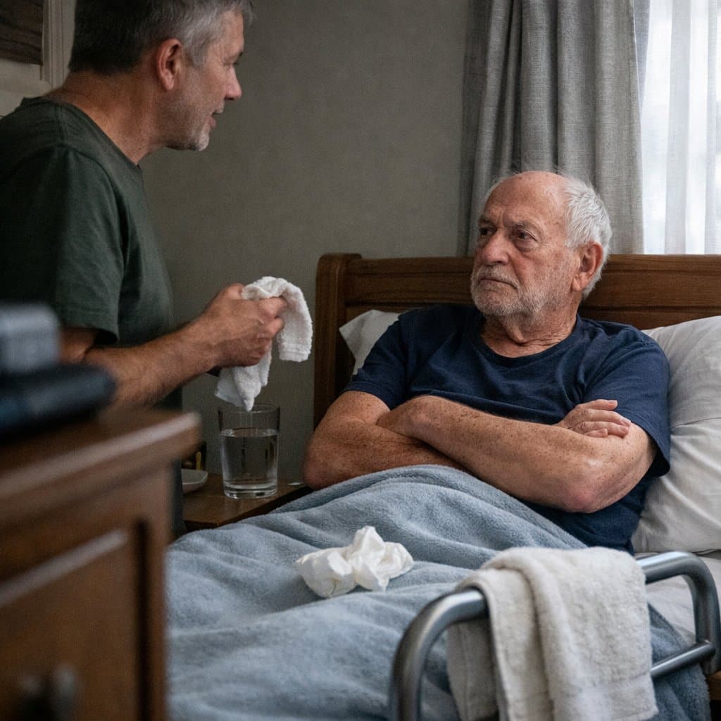 An older man sits up in bed with arms crossed looking away while his adult son stands nearby holding a washcloth
