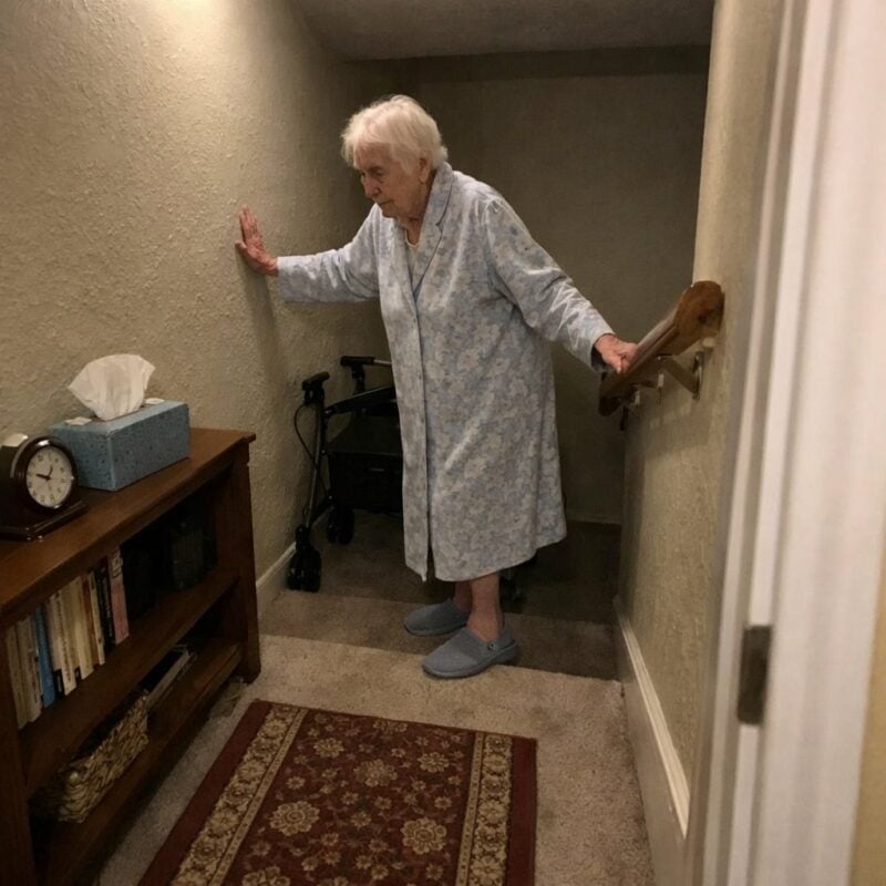 A very elderly woman stands at the top of a home staircase holding the wall and handrail, looking down the steps, with a rollator parked behind her in the hallway