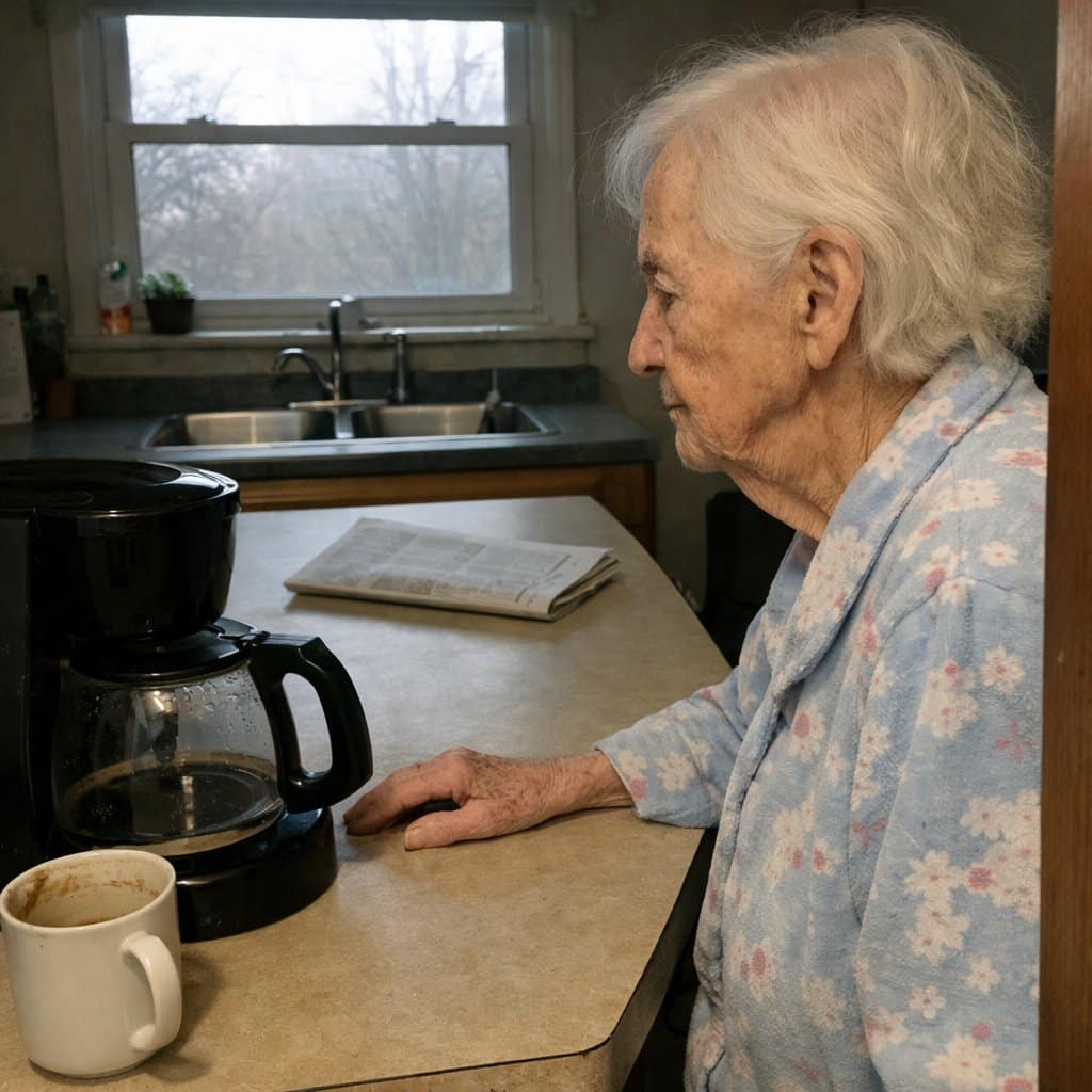 An elderly woman standing at a kitchen counter, looking at an empty coffeepot, one hand resting on the counter beside it, a single mug nearby and an unopened newspaper on the table behind her