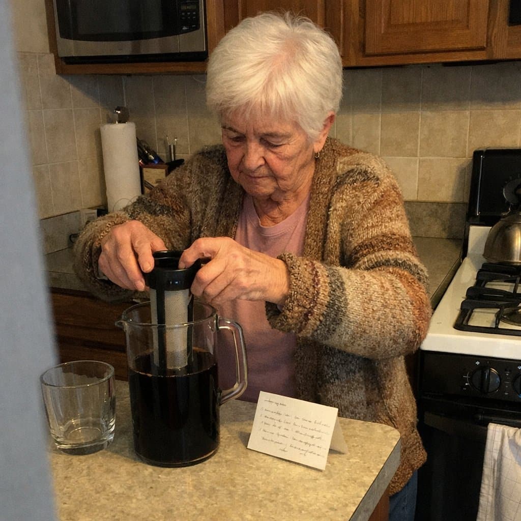 An older woman with white hair lifting the filter insert out of a cold brew pitcher at her kitchen counter, looking down at her task