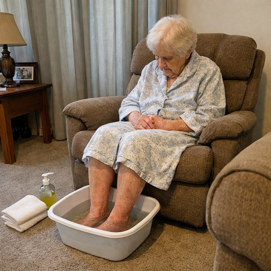 An elderly woman seated in an armchair with both feet resting in a plastic basin of warm water, looking down at her feet