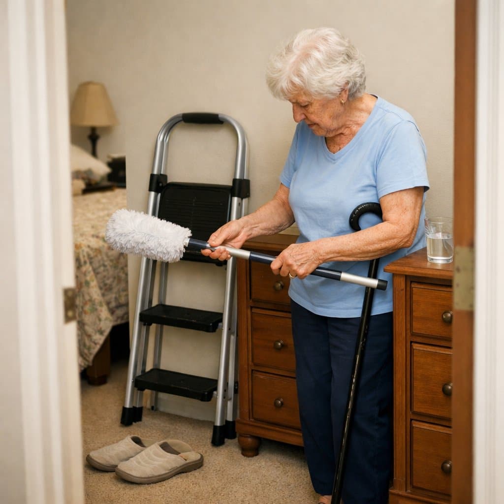 An older woman with a cane standing beside a folded ladder leaning against a wall, holding a long-handled duster and looking down at it