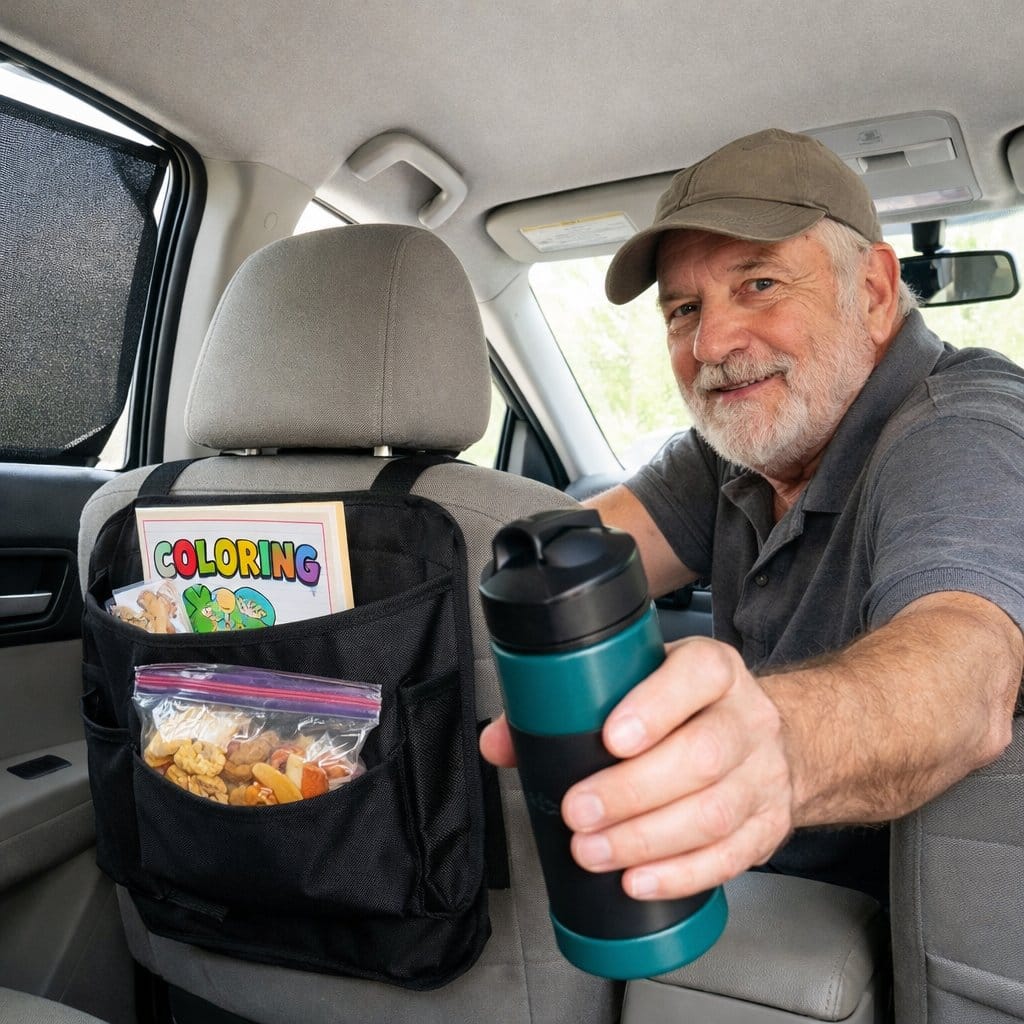 An older man turned around from the front passenger seat, handing a water bottle toward the back seat, sun shades visible on rear windows