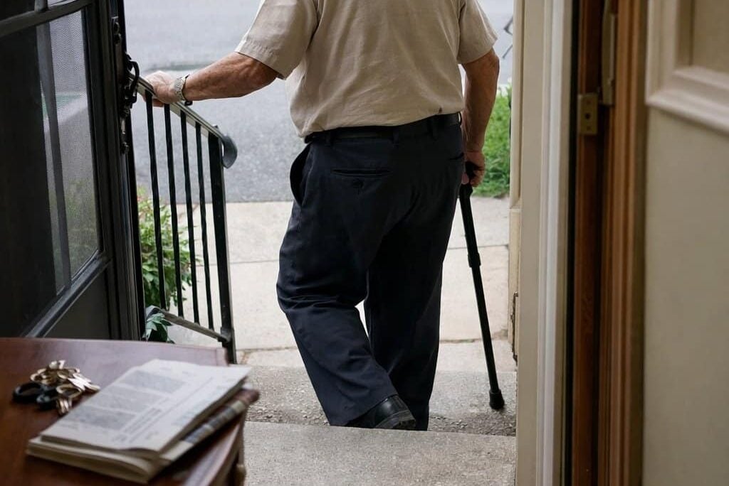 An older man using a cane descending two outdoor concrete steps while reaching for a single iron post handrail mounted at the edge of the stoop