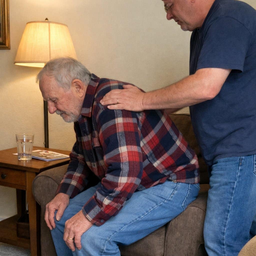 An older man leaning forward at the edge of an armchair while an adult caregiver stands beside him with a hand on his back, guiding him toward standing