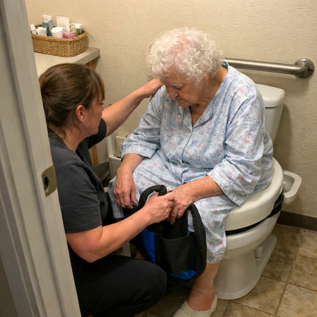 An elderly woman in a housecoat seated on a raised toilet seat leaning forward while a caregiver kneels beside her holding a transfer sling handle