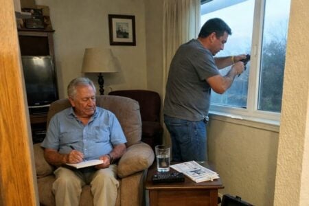 An older man sitting in an armchair with a notepad while a younger man stands at the window tightening a latch with a screwdriver
