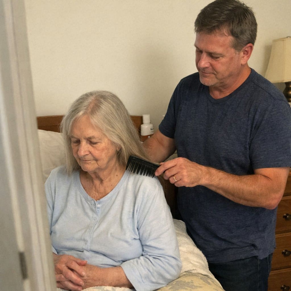 An older woman sits up in bed looking down at her hands while her son combs the ends of her grey hair, a supply caddy visible on the dresser