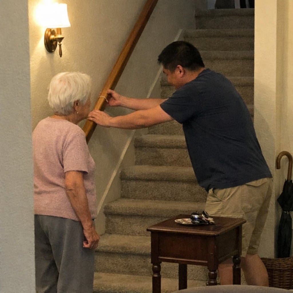 An older woman holding a staircase handrail while a younger man tests its stability by pushing it firmly sideways