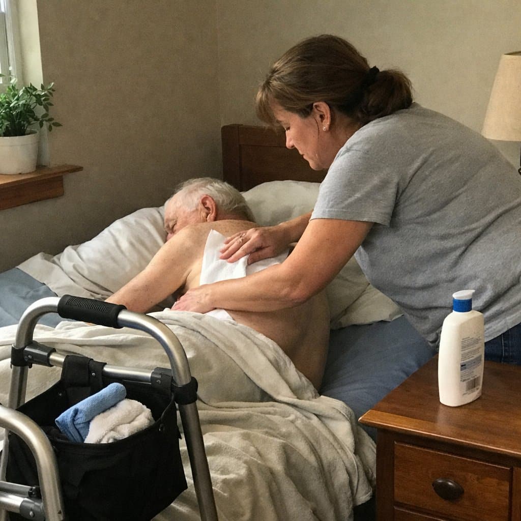 An older man lies on his side in bed while a woman wipes his back with a disposable cloth, his walker parked beside the bed