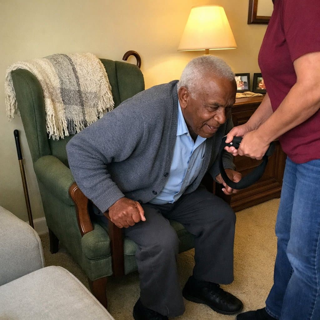An older man gripping the armrests of a wingback chair and pushing to stand while an adult caregiver supports him using a sling handle from the side