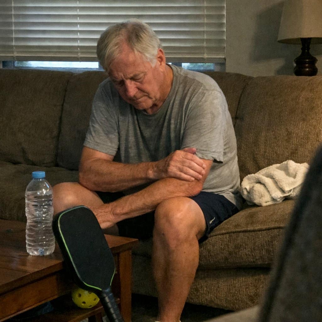 An older man sitting on a couch holding his elbow after playing pickleball, looking down at his arm with a tired expression, a pickleball paddle leaning against the coffee table nearby