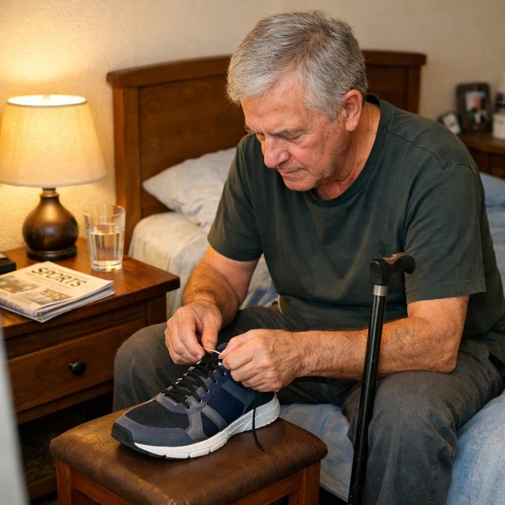 An older man leans forward over his knee to thread elastic laces into a sneaker on a low stool, with a cane resting against the bed beside him