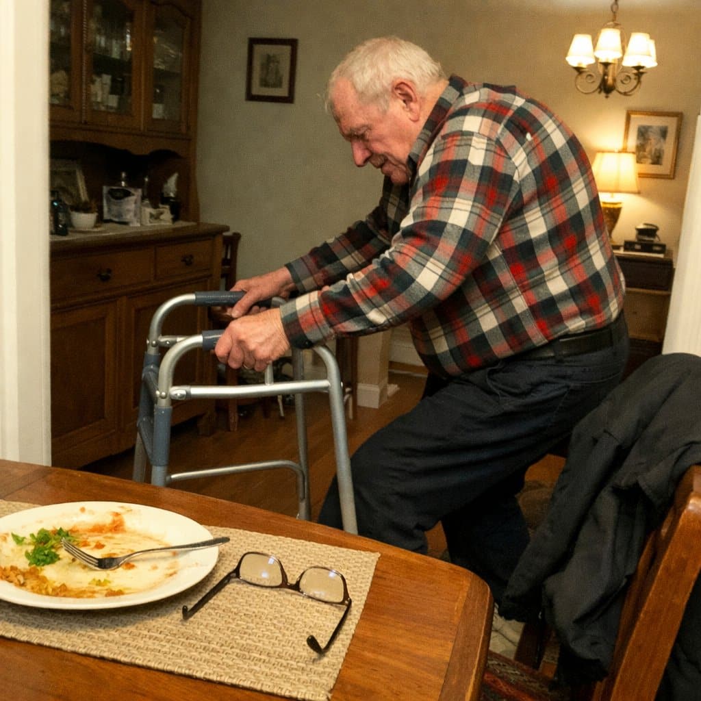 An older man navigating a standard walker around a dining table, his posture shifted awkwardly backward as the walker pulls forward, his gaze directed downward at his feet