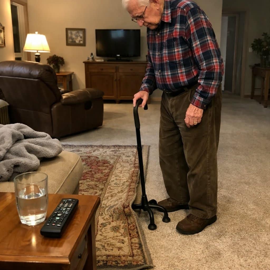 An older man with a quad cane stands looking down at the raised edge of an area rug layered over carpet in a living room