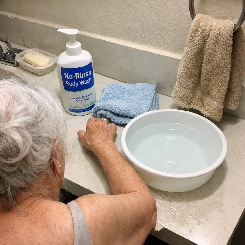 A pump bottle of no-rinse body wash and a folded soft cloth sit on a bathroom counter as an elderly woman with pinned white hair reaches toward them from a seated position