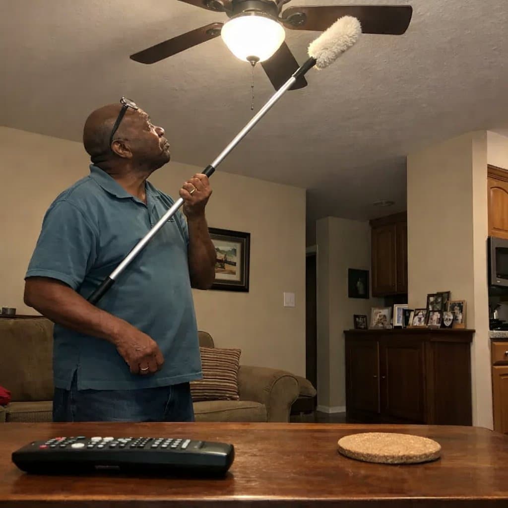 An older man standing on the floor using an extended long-handled duster to reach ceiling fan blades, looking up at the fan
