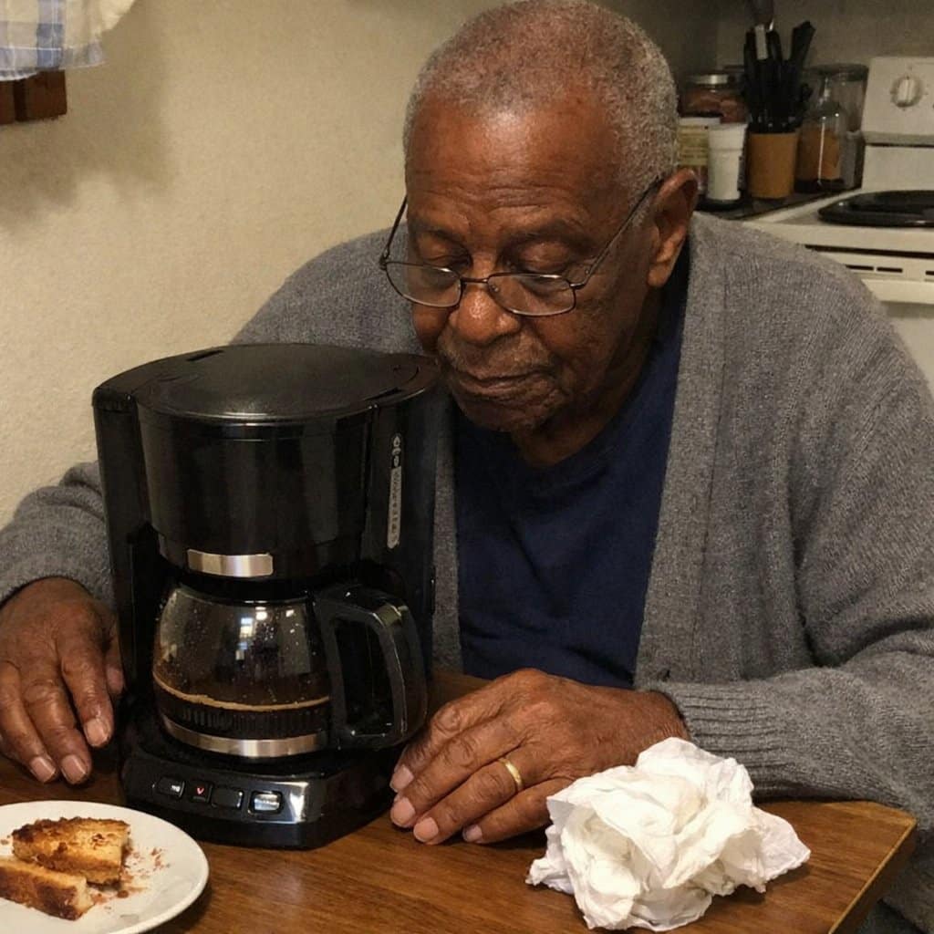 An older man sitting at a kitchen table, looking down at a drip coffee maker in front of him with his glasses partway down his nose, hands resting on the table, a plate with toast and a crumpled paper towel nearby