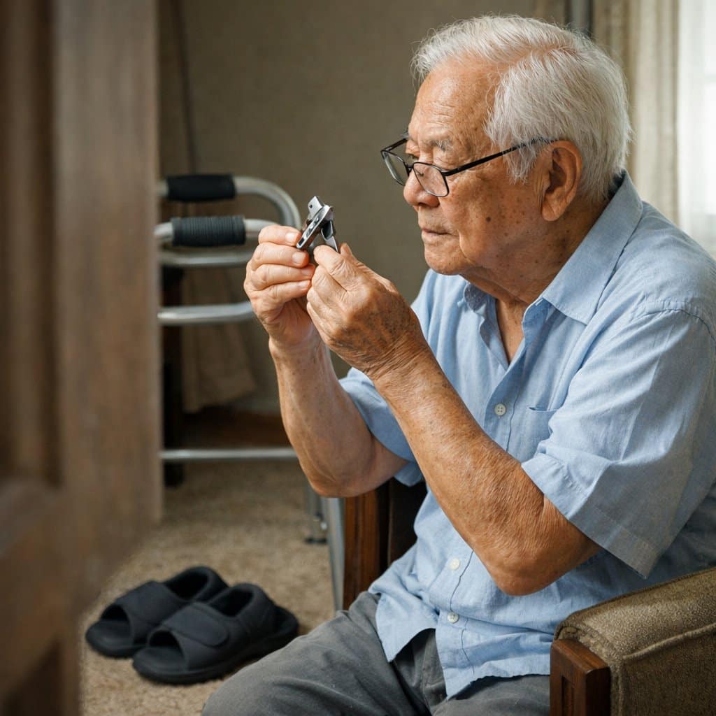 An elderly man with reading glasses seated by a window holding up and inspecting a wide-jaw toenail clipper, a walker parked beside him