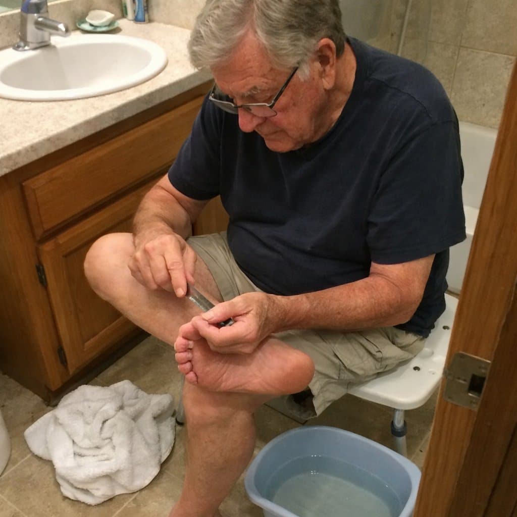 An older man with reading glasses seated on a shower bench filing his toenails with a nail file, foot crossed over knee