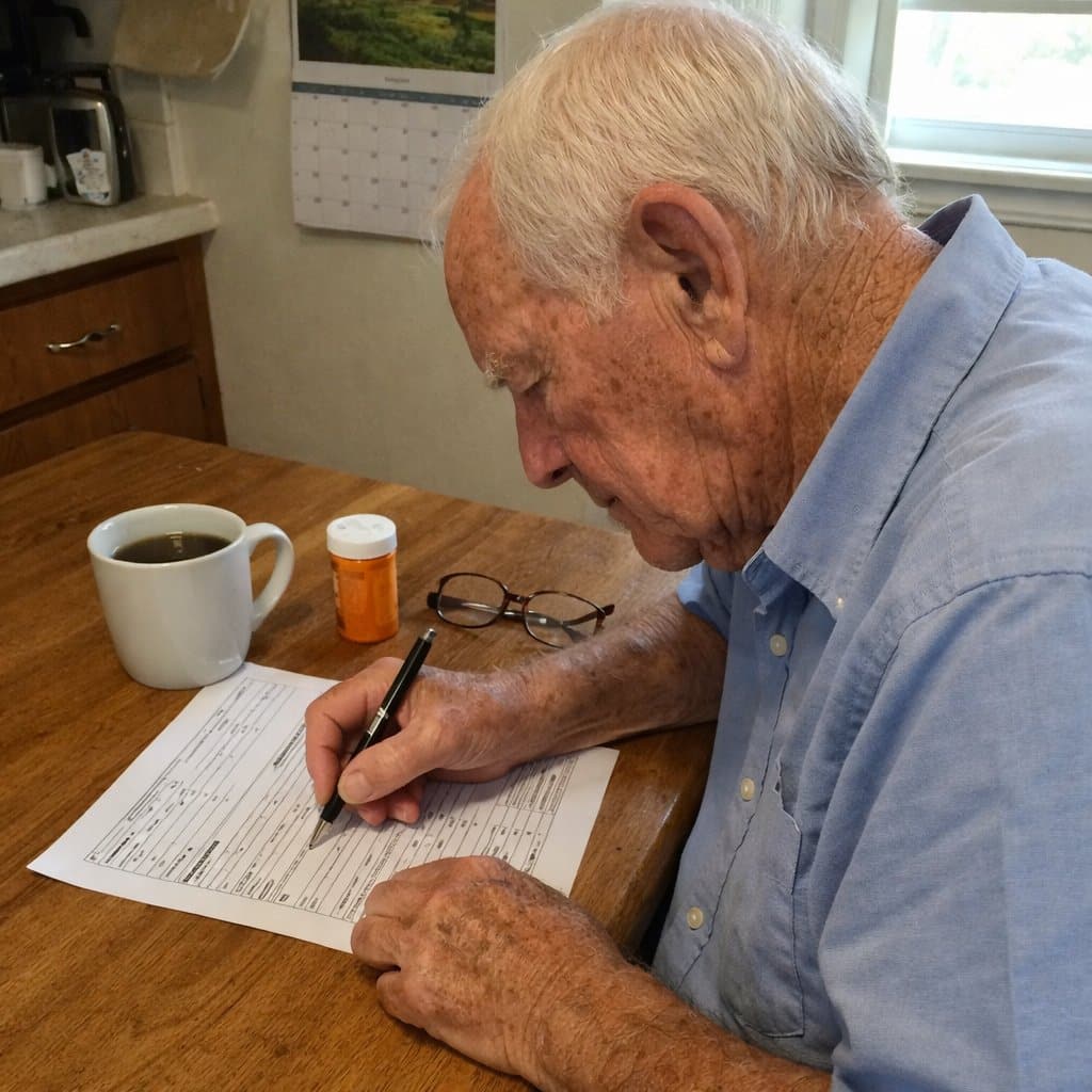 An elderly man sitting at a kitchen table filling out a printed medical information form, viewed from the side with reading glasses and a prescription bottle nearby.