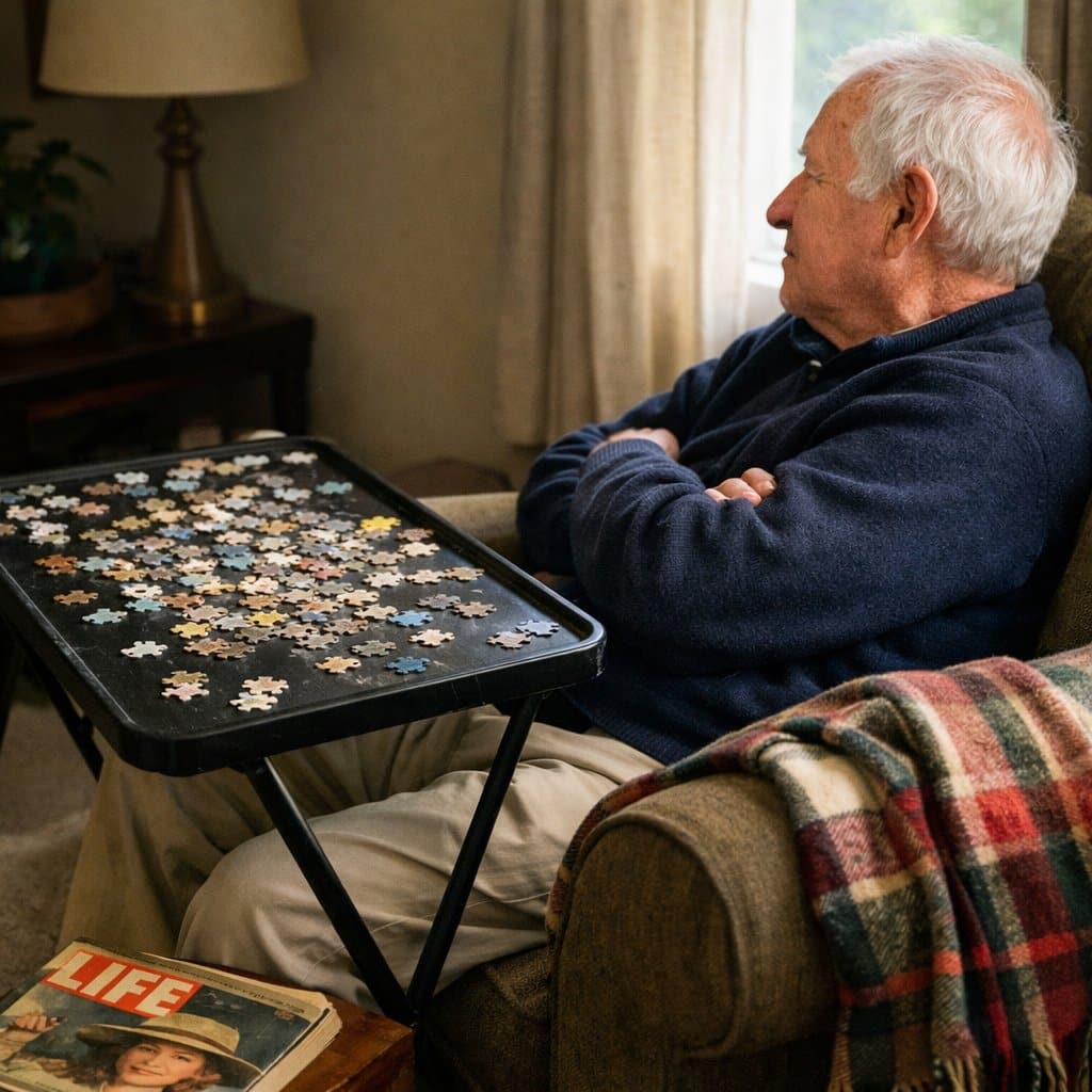 An older man sits in an armchair with arms crossed, leaning away from a tray table covered in puzzle pieces, looking toward the window