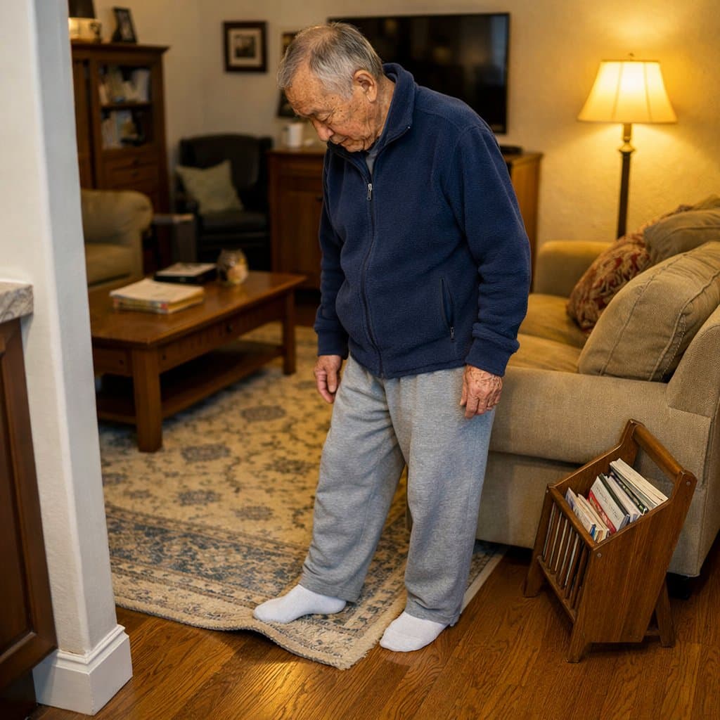 An older man in socks nudges the edge of an area rug with his foot to test for sliding on a hardwood floor