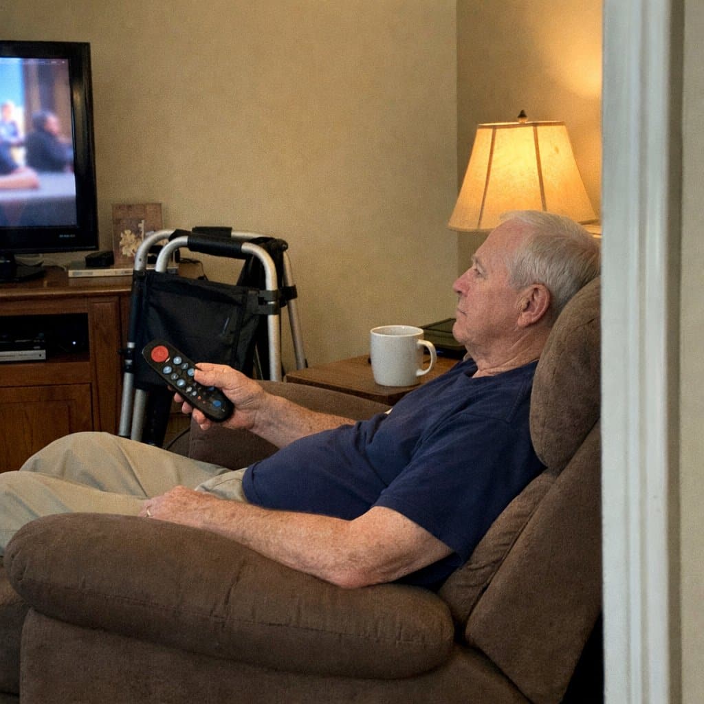 An older man sitting relaxed in a recliner using a simplified large-button remote to change the channel, with a folded walker against the wall nearby and a mug on the side table
