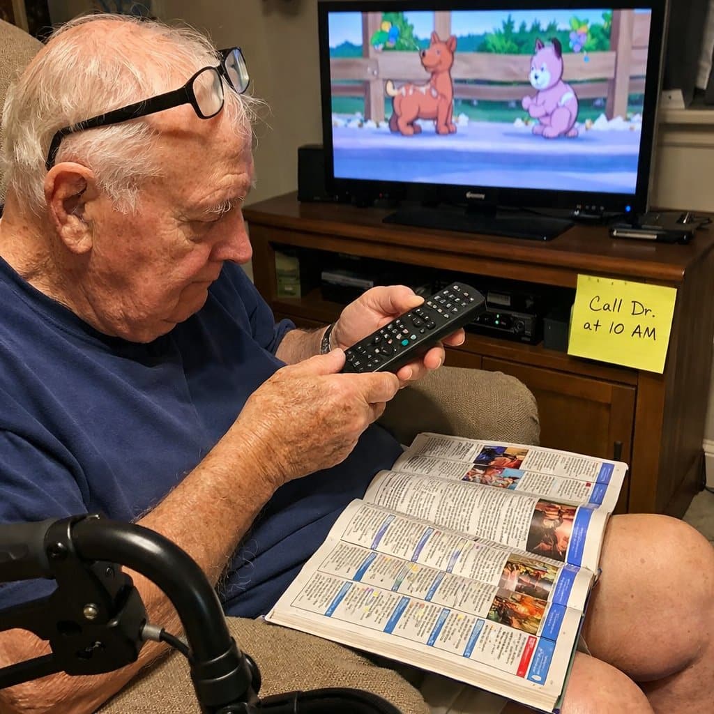 An older man with reading glasses on his forehead holding a standard TV remote with both hands and tilting it toward the light, a TV guide open on his knee and a sticky note on the TV stand nearby, a rollator walker parked beside him