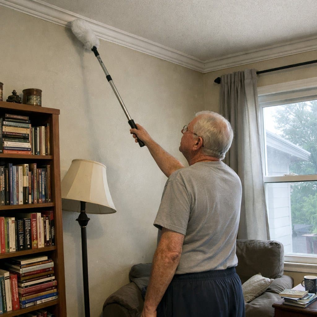 An older man standing with his arm fully extended, using a telescoping duster to reach crown molding near the ceiling, photographed from across the room