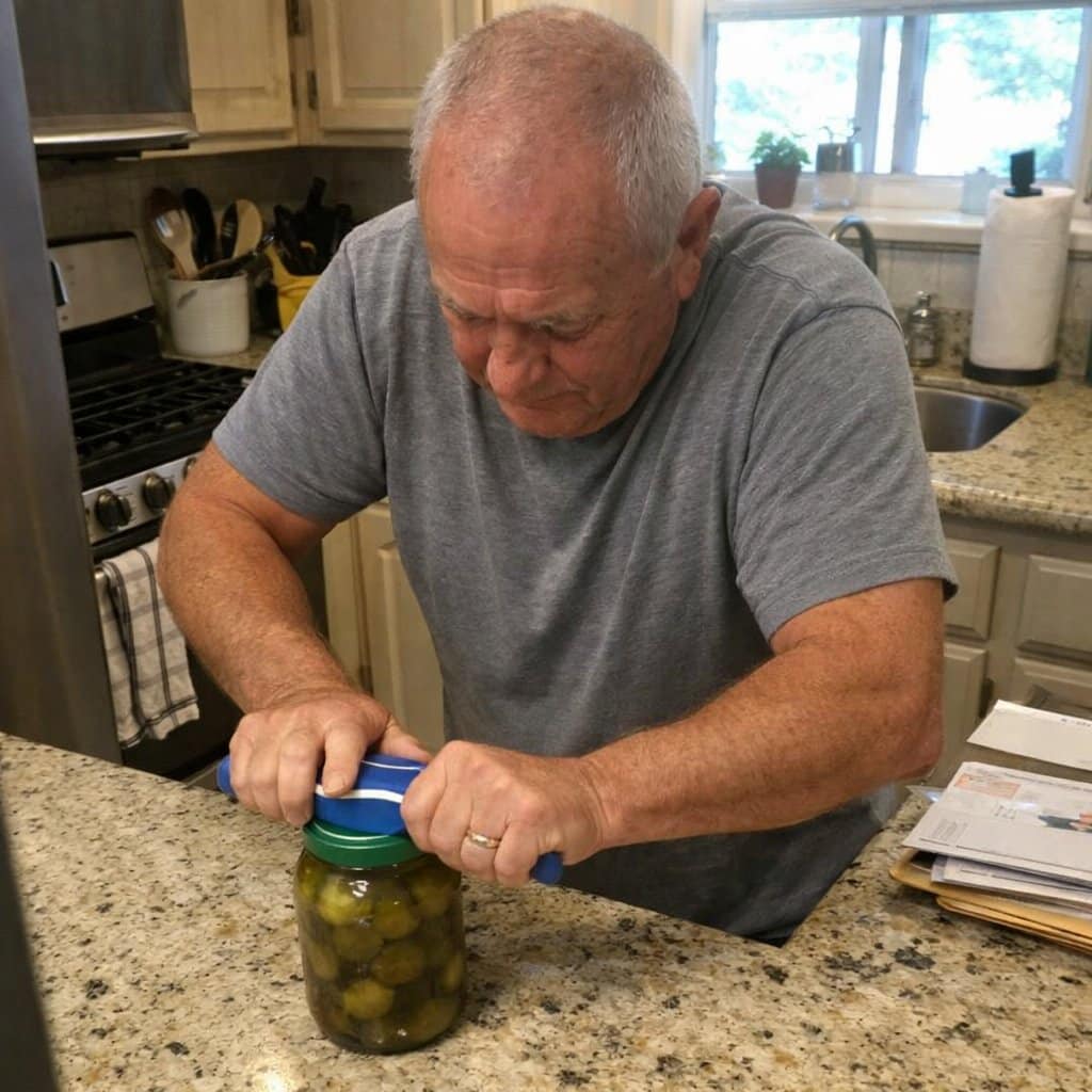 An older man stands at a kitchen counter using a wide-handled jar opener, looking down at the jar with both hands engaged