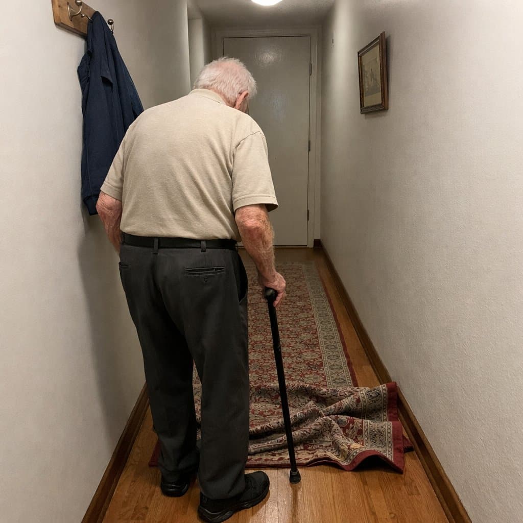 An older man with a cane pauses in a narrow hallway, looking down at a runner rug that has bunched up on the floor ahead of him