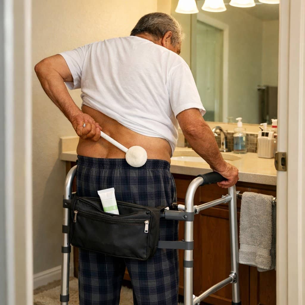 An older man with a walker using a long-handled lotion applicator on his lower back in a bathroom, one hand gripping the walker for support