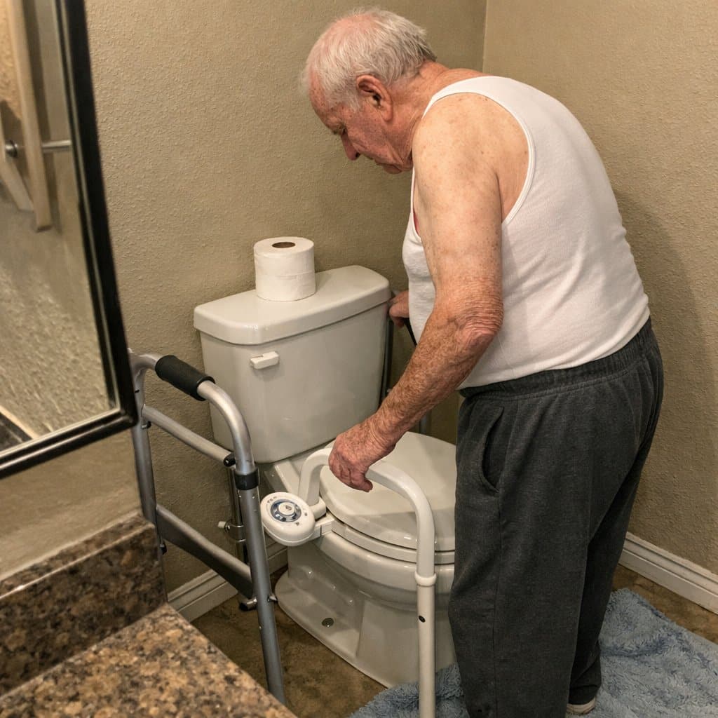 An elderly man with a walker parked beside him stands at a toilet inspecting a bidet attachment with a simple dial control, one hand on a safety rail