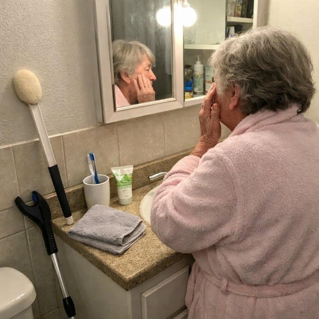 An older woman in a robe at a bathroom sink doing her morning routine, with a back lotion applicator and reacher grabber propped nearby on the counter