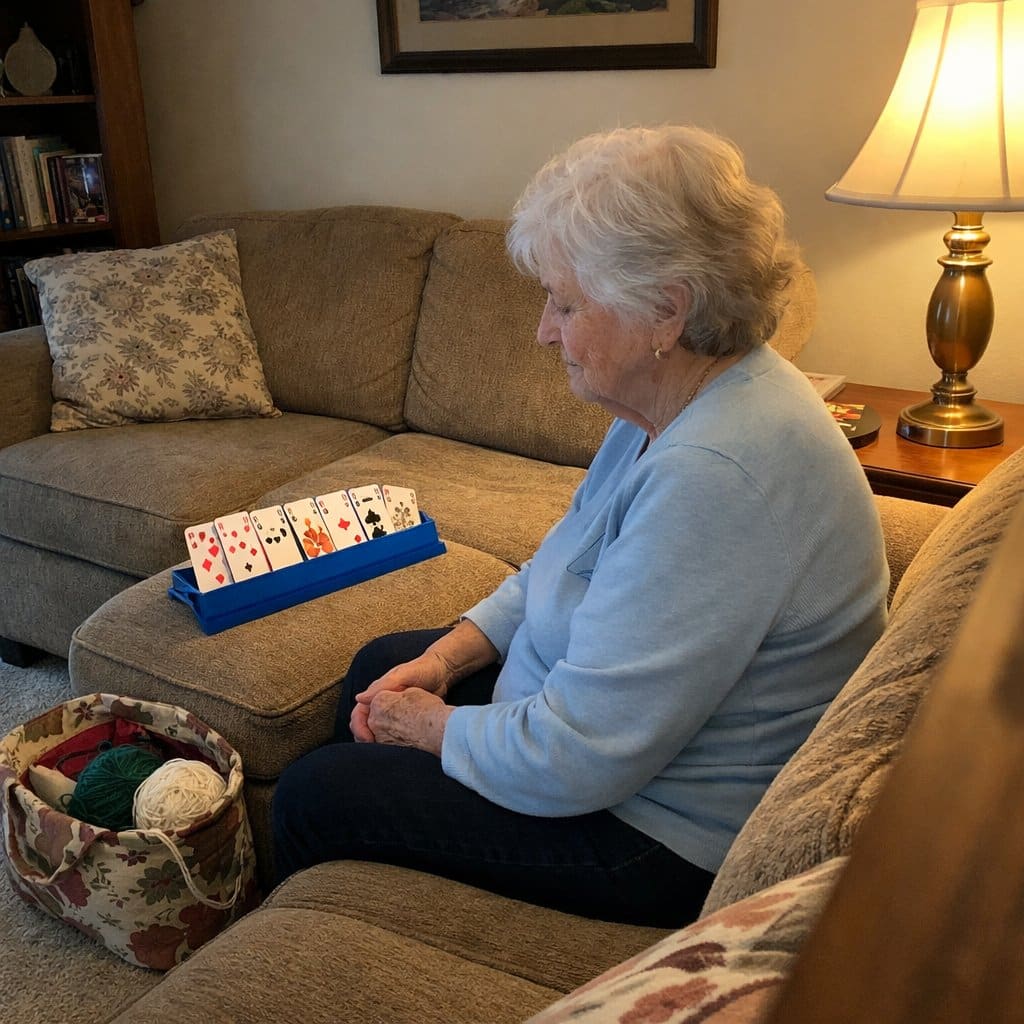 An older woman sits on a couch with playing cards propped upright in a card holder stand beside her, hands resting in her lap as she looks at the cards