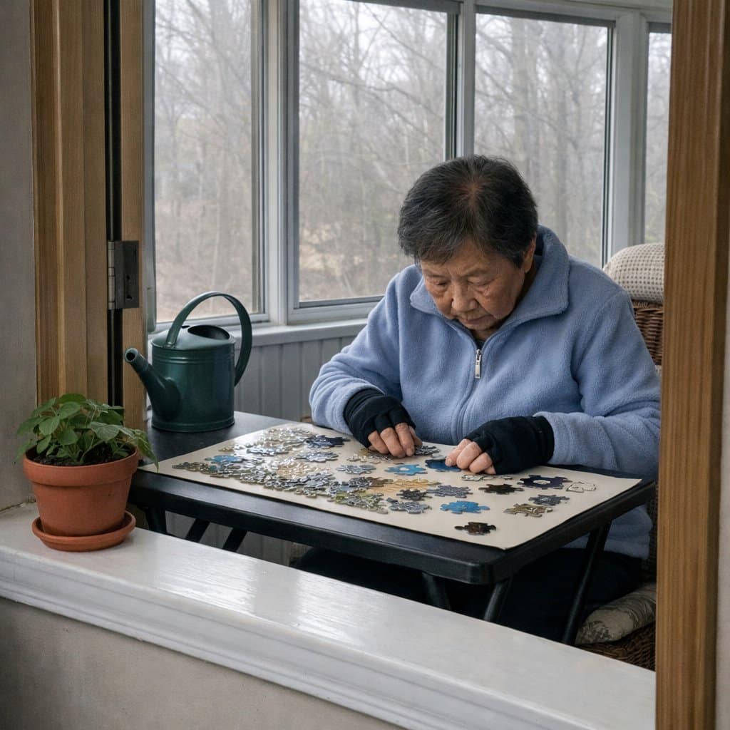 An older woman wearing compression gloves on both hands works on a large-piece jigsaw puzzle at a small table in a sunlit porch area, head bowed in concentration