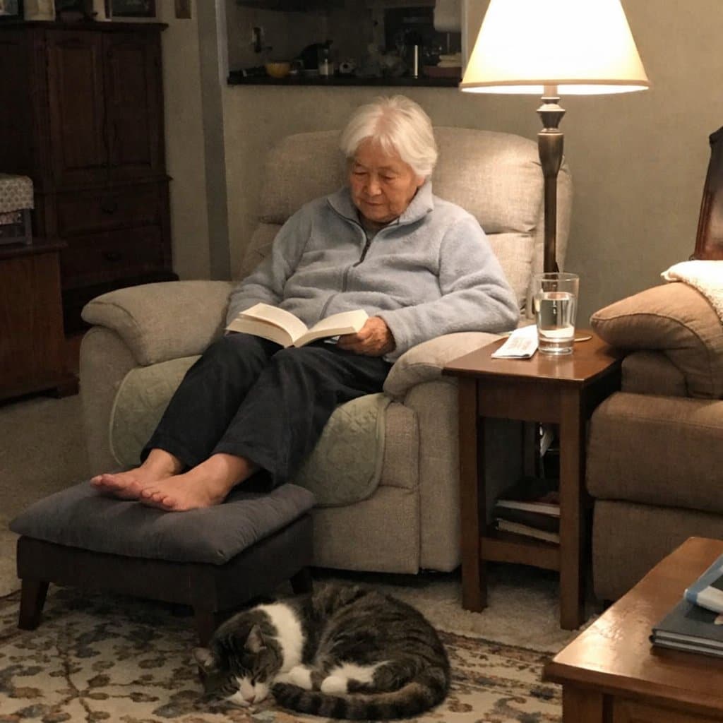 An older woman reading in an armchair with a quilted protective pad that blends with the upholstery